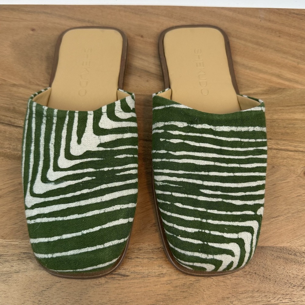 Womens Shekudo Print Canvas Green White Casual Comfort Mules Slides Size EU‎ 37